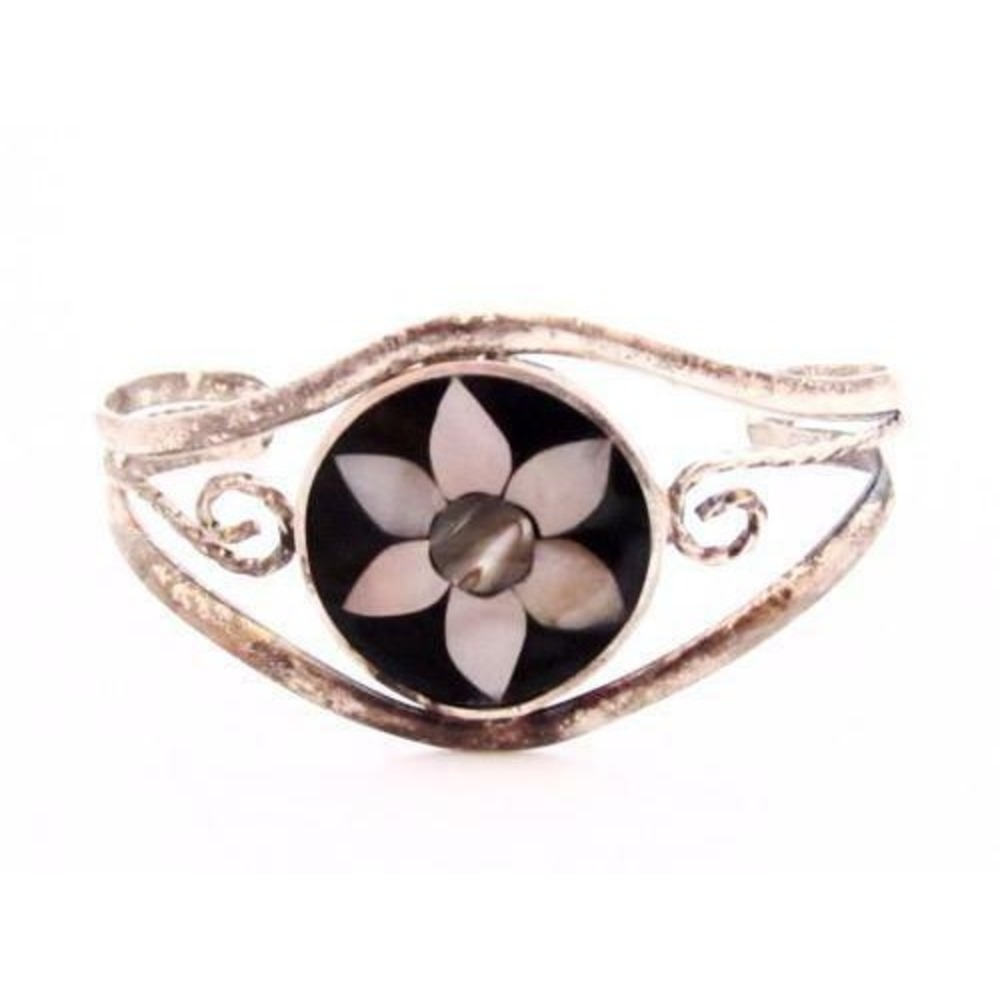 Pretty Vintage‎ Silver Mother Of Pearl Flower Abalone Mexican Cuff Bracelet